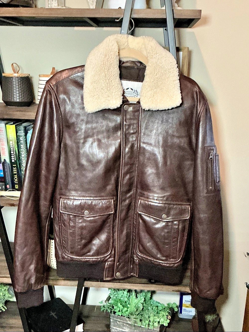 Threads of Apollo Leather Bomber Jacket Brown Size Large